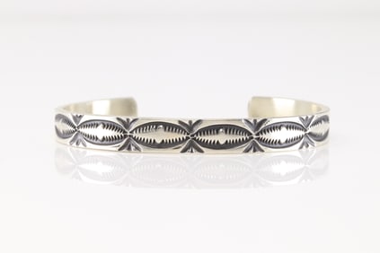 Native America Navajo Sterling Silver Solid Stamped Bracelet Cuff By Jerrold Tahe.