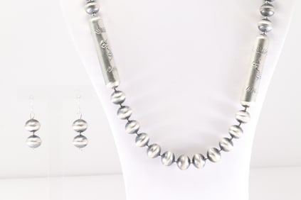 Native America Navajo Sterling Silver Solid Stamped Pearl Beaded Necklace & Earring's Set By Sharon
