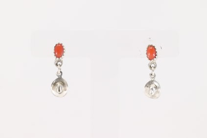 Native America Navajo Sterling Silver Coral Cowboy Hat Post / Dangling Earring's By Judy Largo.