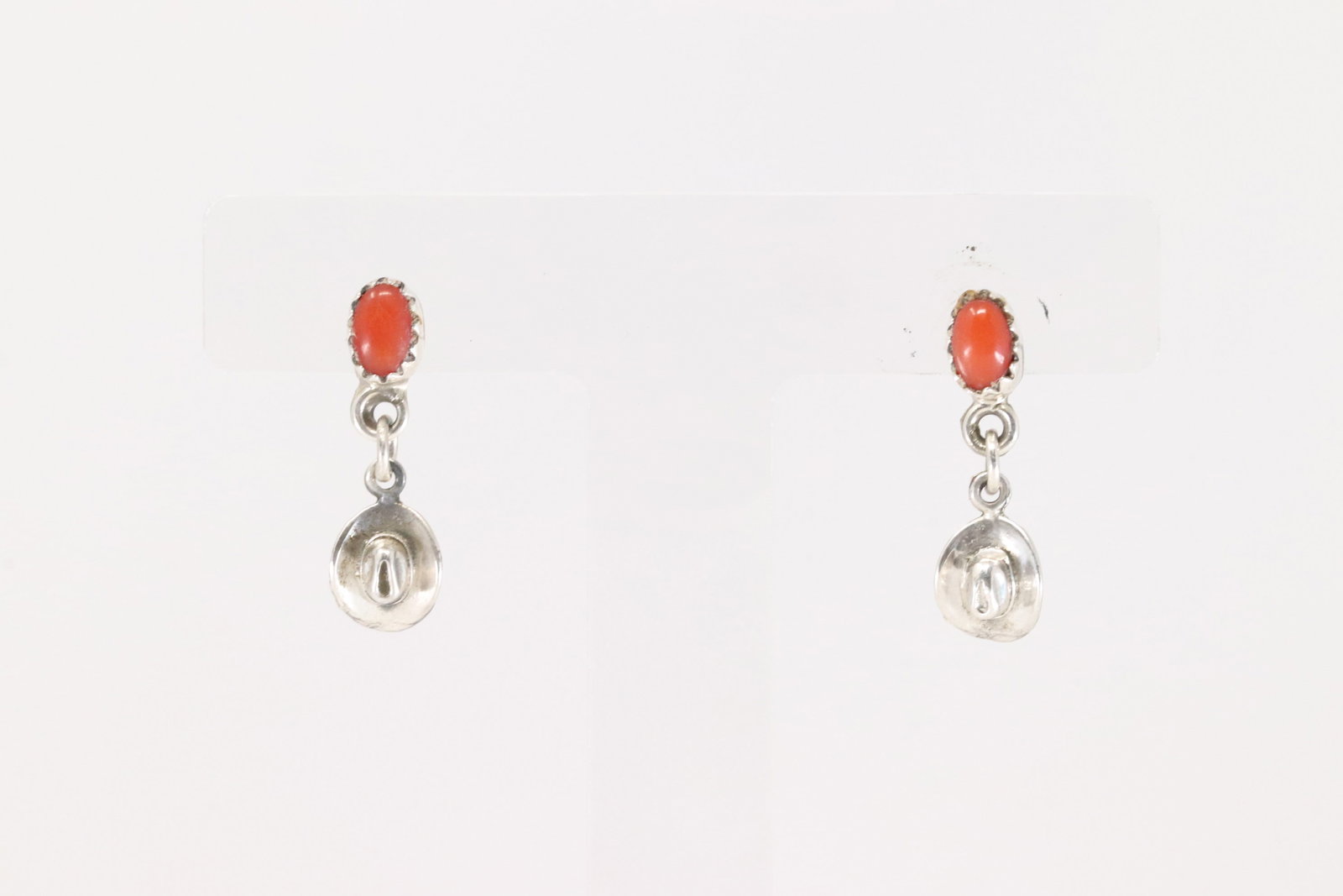 Native America Navajo Sterling Silver Coral Cowboy Hat Post / Dangling Earring's By Judy Largo.: This is a Native America Navajo Sterling Silver Coral Cowboy Hat Post / Dangling Earring's By Judy Largo.
