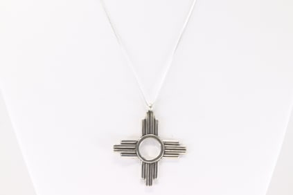 Native America Navajo Sterling Silver Solid Cross Pendant with A 925 Necklace By Sonyei Coho.