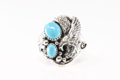 Native America Navajo Sterling Silver Turquoise Eagle Ring By Darrell Morgan.