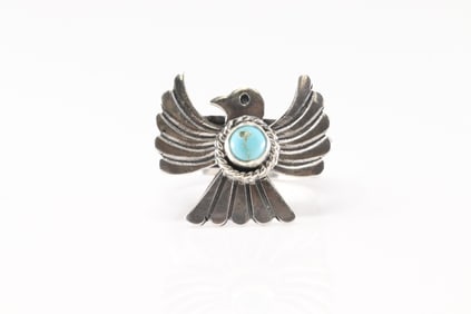 Native America Navajo Sterling Silver Turquoise Thunderbird Ring By Delayne Reeves.