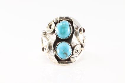 Native America Navajo Sterling Silver Turquoise Ring 2 Stone By B.