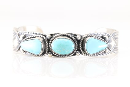 Native America Navajo Sterling Silver Kingman Turquoise Bracelet Cuff By Tilli John.