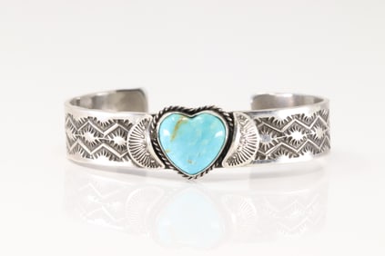Native America Navajo Sterling Silver Kingman Turquoise Heart Bracelet Cuff By Sunshine Reeves.