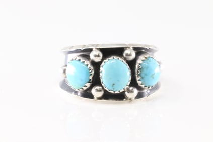 Native America Navajo Sterling Silver Turquoise Ring 3 Stone By R.C.