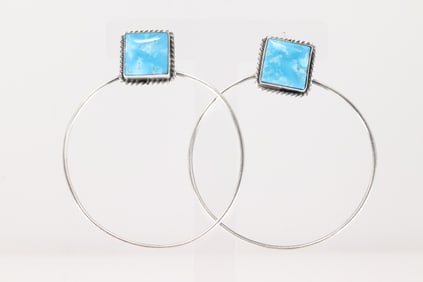 Native America Navajo Sterling Silver Turquoise Post Hoop Earring's By Elouise Kee.