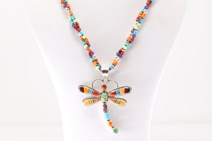 Native America Navajo Sterling Silver Multi-Color Stone Drangonfly Necklace By T.