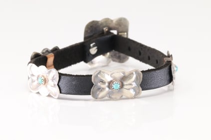 Native America Navajo Sterling Silver Turquoise Leather Bracelet By Joan Begay.