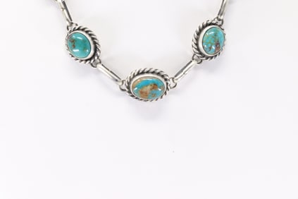 Native America Navajo Sterling Silver Kingman Turquoise Necklace By A.L.