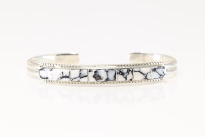 Native America Zuni Sterling Silver White Buffalo Inlay Bracelet Cuff By Roland Natachu.