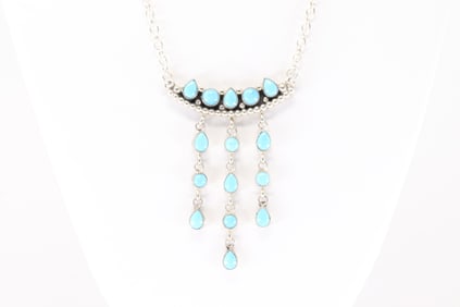 Native America Navajo Sterling Silver Turquoise Necklace By J.H.Etsitty.