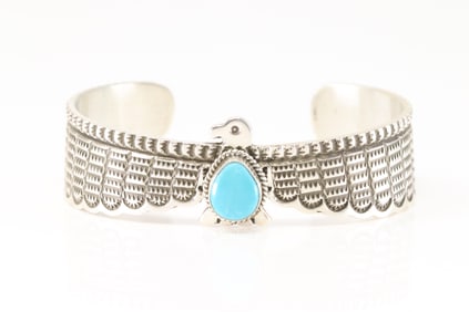 Native America Navajo Sterling Silver Turquoise Thunderbird Bracelet Cuff By Darrell Cadman.