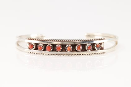Native America Zuni Sterling Silver Coral Bracelet Cuff By Susie Livingston.