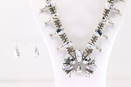 Native America Navajo Sterling Silver White Buffalo Squash Blossom Necklace & Earring's Set By