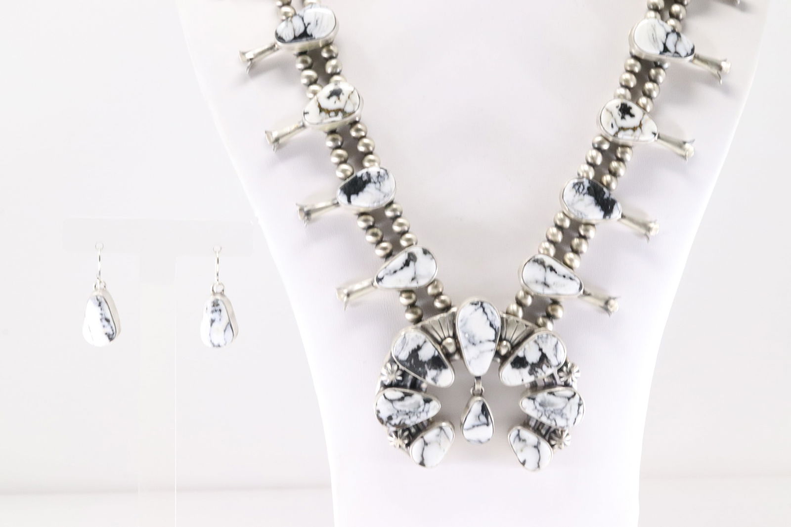 Native America Navajo Sterling Silver White Buffalo Squash Blossom Necklace & Earring's Set By (1 of 9)