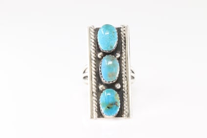 Native America Navajo Sterling Silver Turquoise Ring 3 Stone By Arlene Lewis.