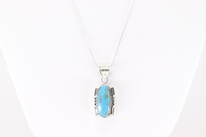 Native America Navajo Sterling Silver Turquoise Necklace By Dorothy Lee.