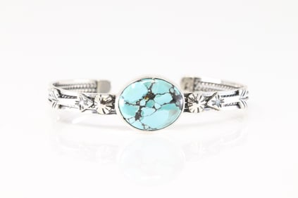 Native America Navajo Sterling Silver Turquoise Bracelet Cuff By Tina Benally.