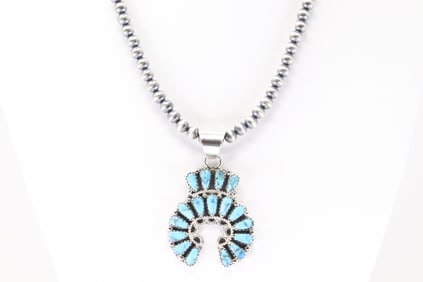 Native America Navajo Sterling Silver Turquoise Necklace By Zeila Begay.