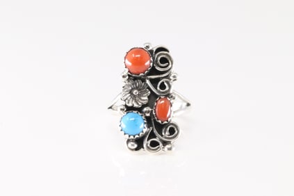 Native America Navajo Sterling Silver Coral & Turquoise Ring By Clavin Belin.