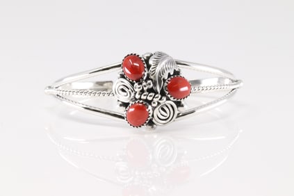 Native America Navajo Sterling Silver Coral Bracelet Cuff By Phyllis A.Smith.