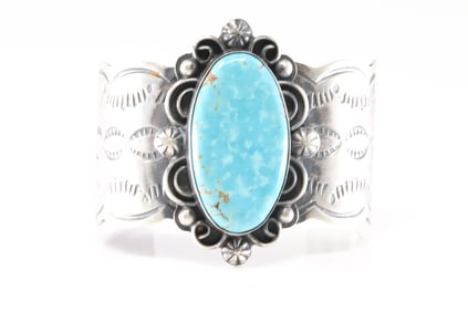 Native American Navajo Sterling Silver Kingman Turquoise Bracelet Cuff By Chimney Butte.