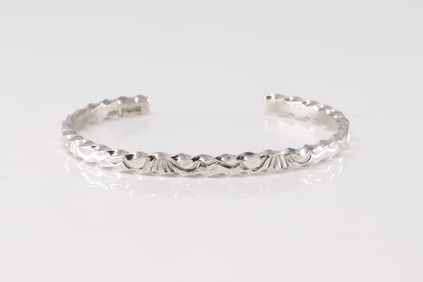 Native American Navajo Sterling Silver Solid Bracelet Cuff By Elaine Tahe.