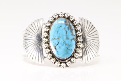 Native America Navajo Sterling Silver Turquoise Bracelet Cuff By Leona Delgarito.