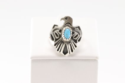 Native America Navajo Sterling Silver Turquoise Thunderbird Ring By Genevieve Francisco.
