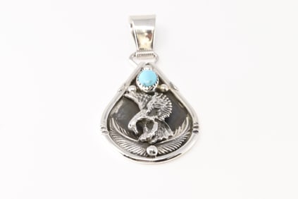 Native America Navajo Sterling Silver Turquoise Eagle Pendant By Darrell Morgan.