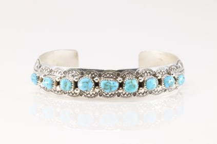 Native America Navajo Sterling Silver Turquoise Bracelet Cuff By Grace Silver.