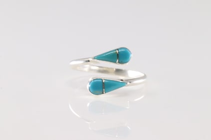 Native America Zuni Sterling Silver Turquoise Inlay Ring By R.V.N.