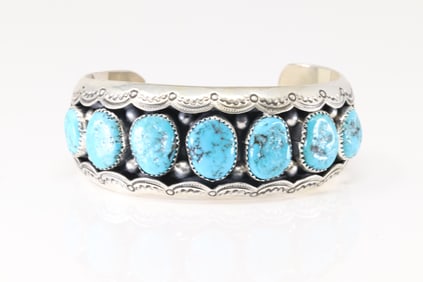 Native America Navajo Sterling Silver Kingman Turquoise Bracelet Cuff By Wilbert Muskett.