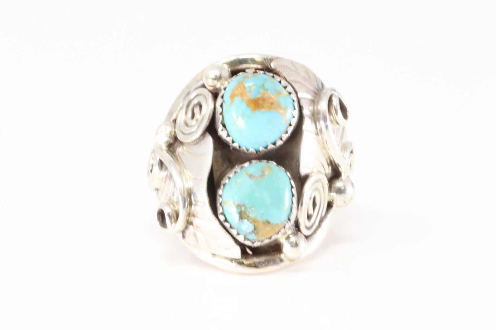 Native America Navajo Sterling Silver Turquoise Ring 2 Stone By B.