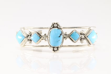 Native America Navajo Sterling Silver Turquoise Bracelet Cuff By Mike Smith.