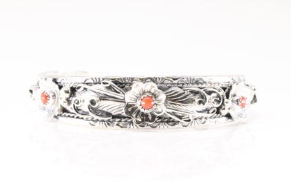 Native America Navajo Sterling Silver Coral Bracelet Floral Cuff By Bessie Joe.