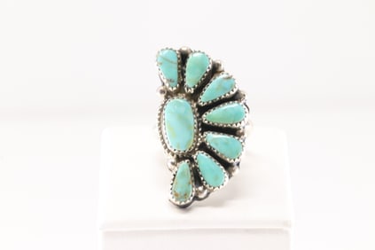 Native America Navajo Sterling Silver Kingman Turquoise Ring By AJW.
