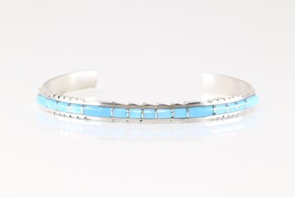 Native America Navajo Sterling Silver Turquoise Inlay Bracelet Cuff By Sheldon Lalio.