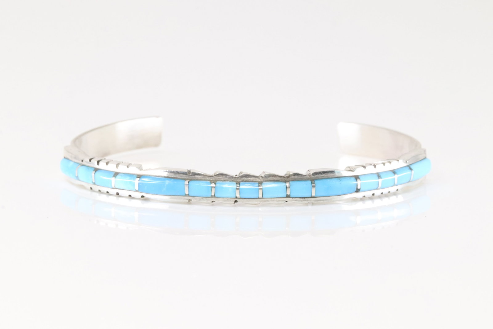 Native America Navajo Sterling Silver Turquoise Inlay Bracelet Cuff By Sheldon Lalio.: This is a Native America Navajo Sterling Silver Turquoise Inlay Bracelet Cuff By Sheldon Lalio.