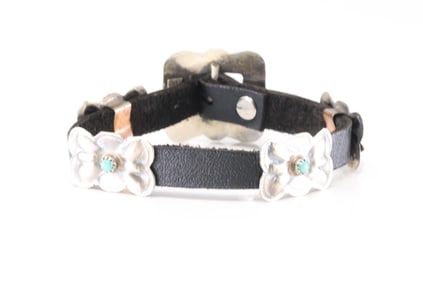 Native America Navajo Sterling Silver Turquoise Leather Bracelet By Joan Begay.