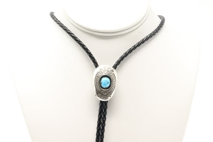Native America Navajo Sterling Silver Turquoise Bolo Necklace By Shirley Skeets.