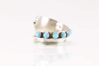 Native America Navajo Sterling Silver Turquoise Feather Ring By Aaron Davis.