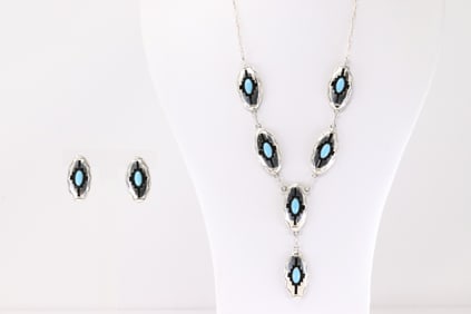 Native America Navajo Sterling Silver Turquoise Necklace & Earring's Set By Felix Perry.