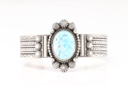 Native America Navajo Sterling Silver Turquoise Bracelet Cuff By Micheal Calladitto.