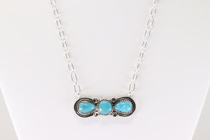 Native America Navajo Sterling Silver Turquoise Necklace By Fannie Platero.