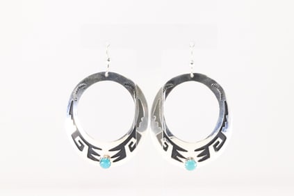 Native America Navajo Sterling Silver Solid Turquoise Dangling Earring's By T/R Singer.