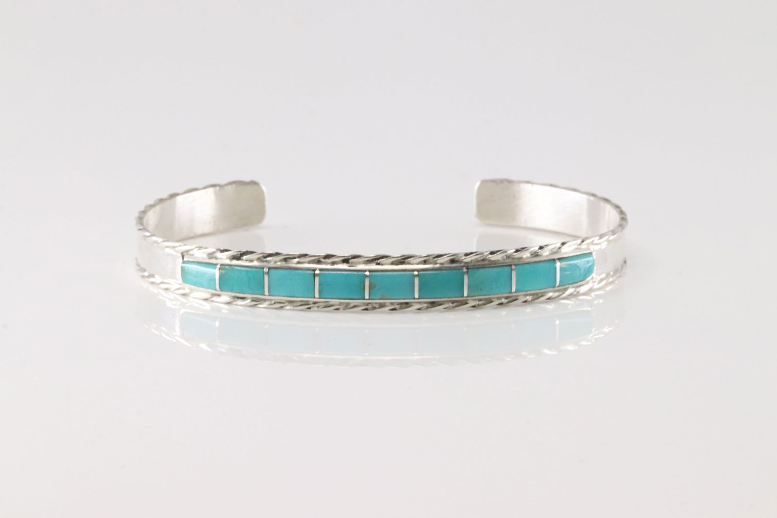 Native America Navajo Sterling Silver Turquoise Inlay Bracelet Cuff By J.P.: This is a Native America Navajo Sterling Silver Turquoise Inlay Bracelet Cuff By J.P.