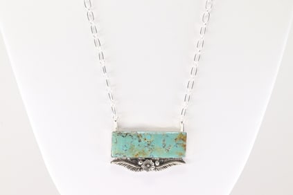 Native America Navajo Sterling Silver Turquoise Necklace By Gregg Yazzie.